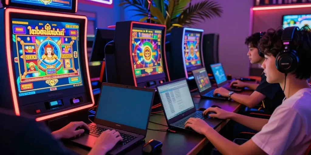 Players immersed in slot thailand games, enjoying colorful virtual interfaces.