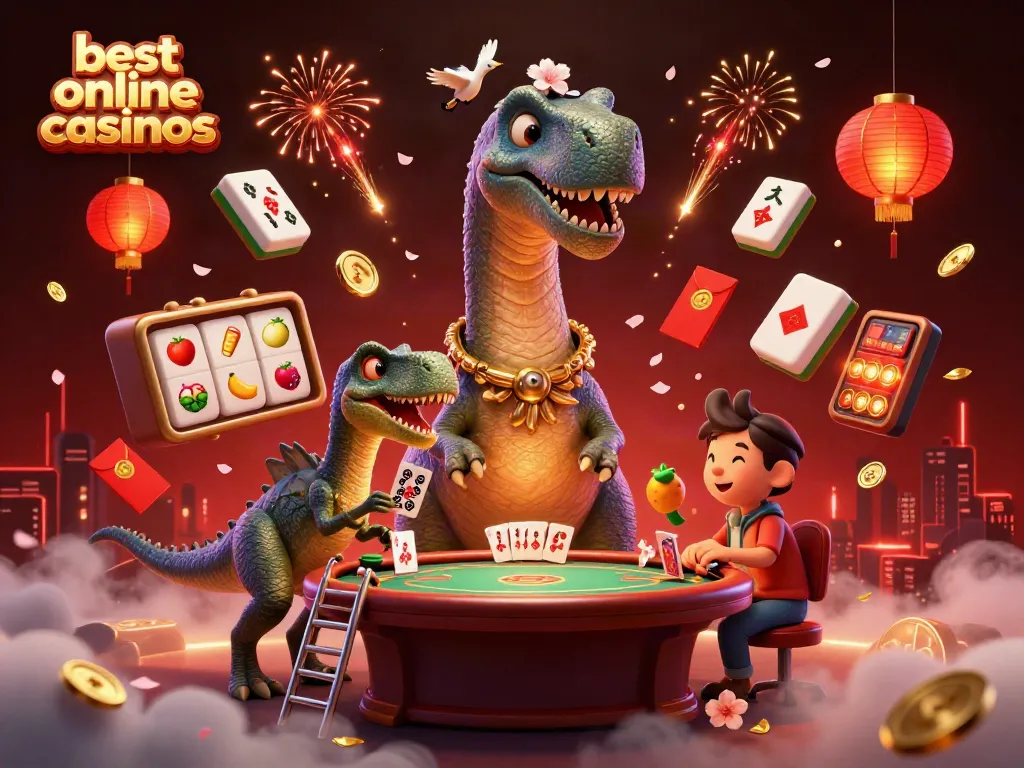 Engaging 3D cartoon scene showcasing the best online casinos with a giant brontosaurus and clever raptor in a lively casino setting.