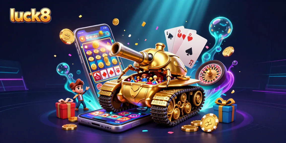 Experience luck8's vibrant casino universe with exciting slot games, playing cards, and golden confetti.