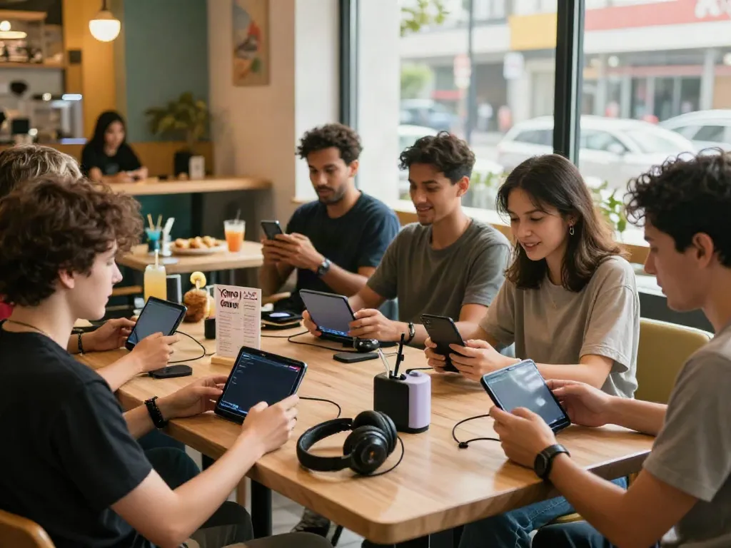 Adults enjoying yono games on smartphones in a cozy café setting.