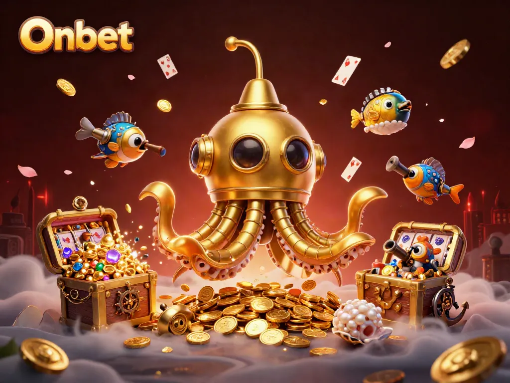 Experience thrilling wins at Onbet with a golden kraken submarine amid underwater treasures and vibrant game elements