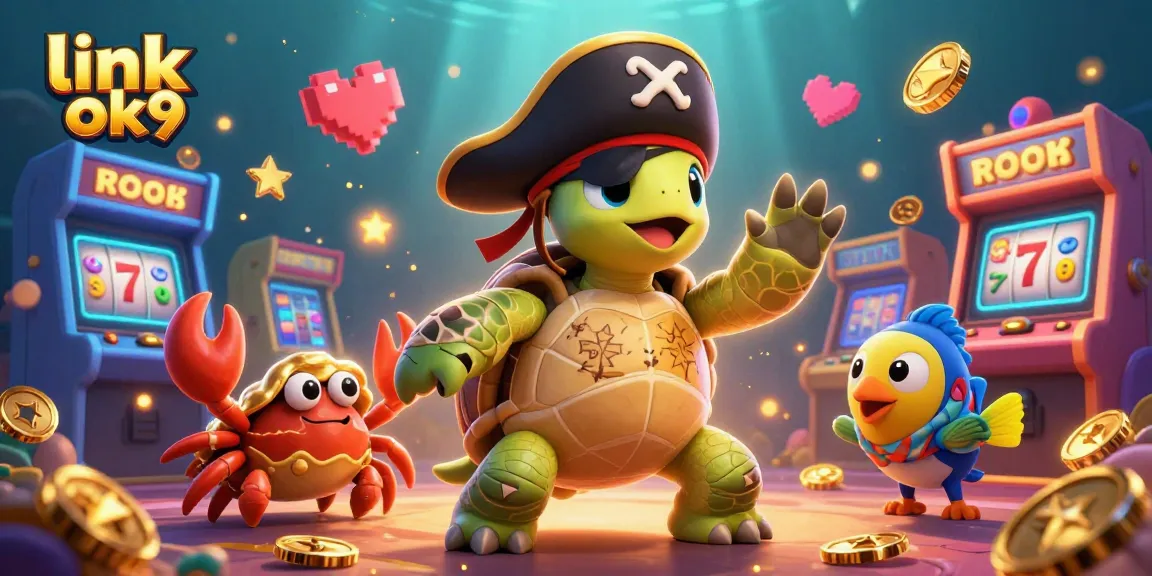 Engage in casino gaming excitement with link ok9, featuring a pirate turtle and colorful slot elements.
