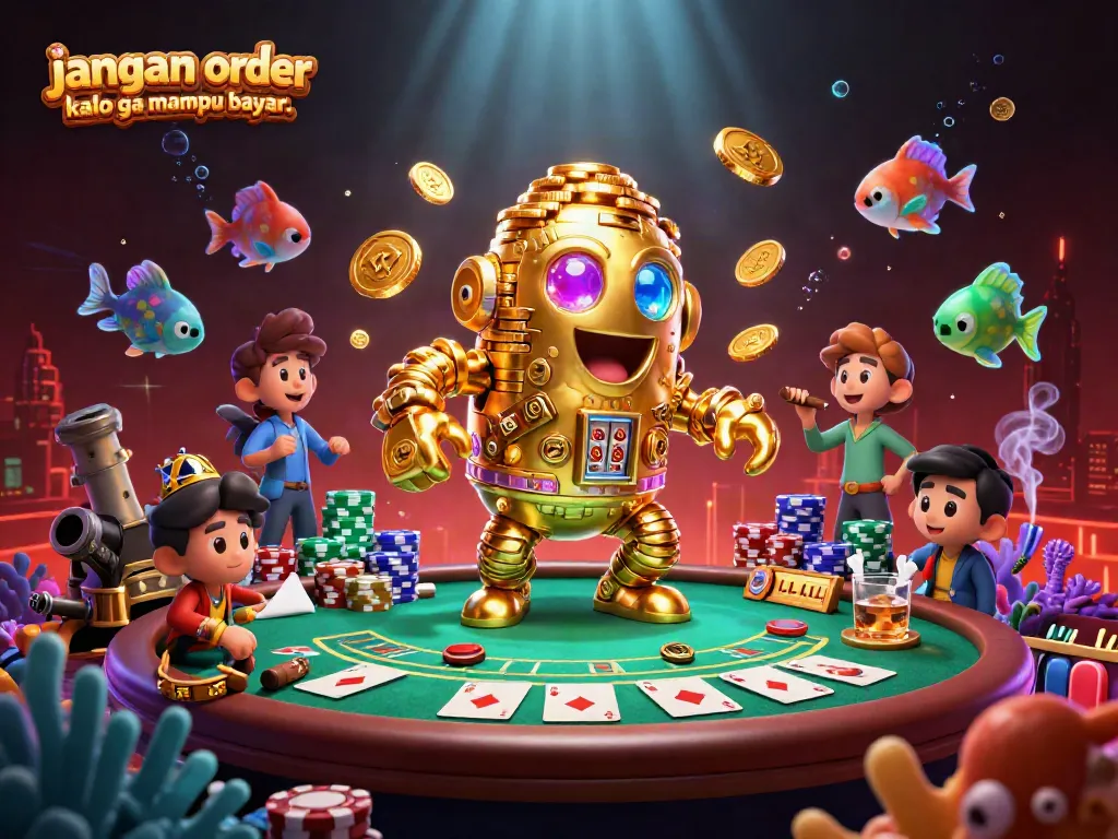 Exciting 3D scene of the gambling world with golden golem and vibrant fish game elements illustrating jangan order kalo ga mampu bayar..