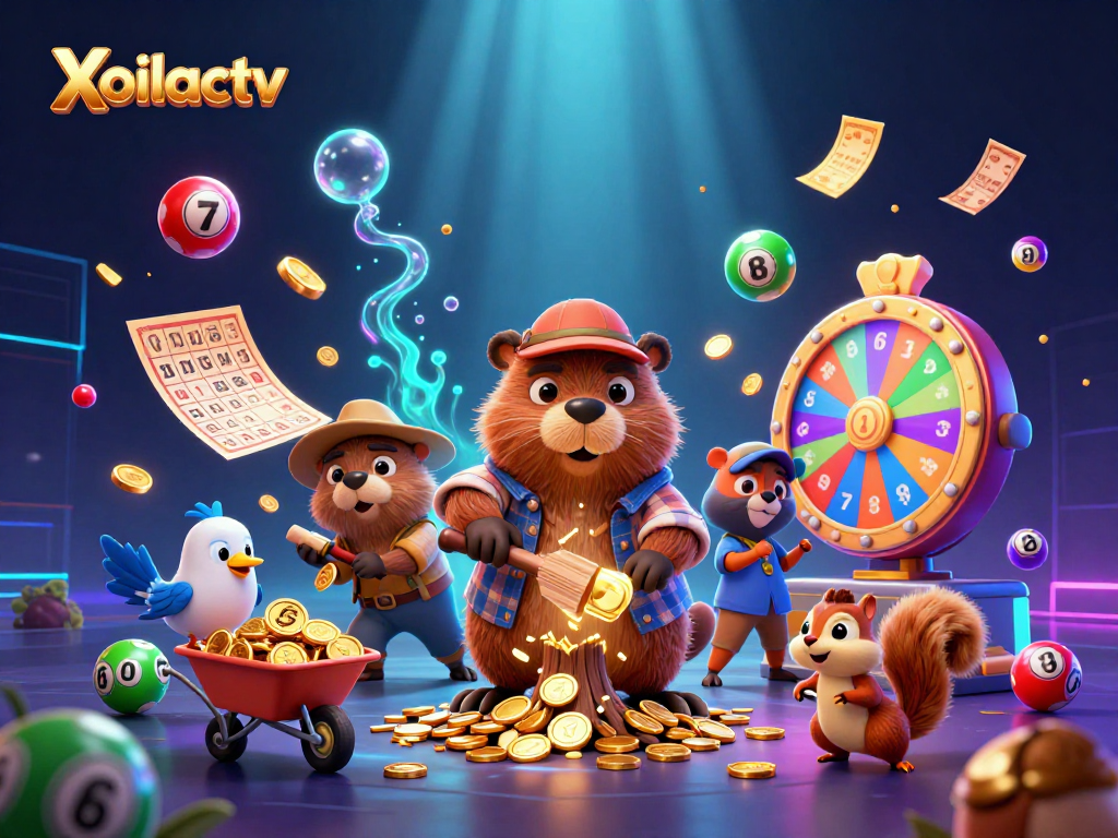 Xoilactv showcases a vibrant scene with a cartoon beaver chopping a tree that rains gold coins, surrounded by dynamic lottery elements.