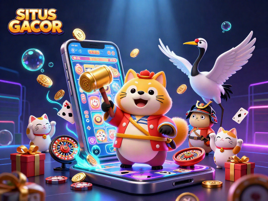 SITUS GACOR features a cheerful tanuki and crane with vibrant casino elements in dynamic 3D art.