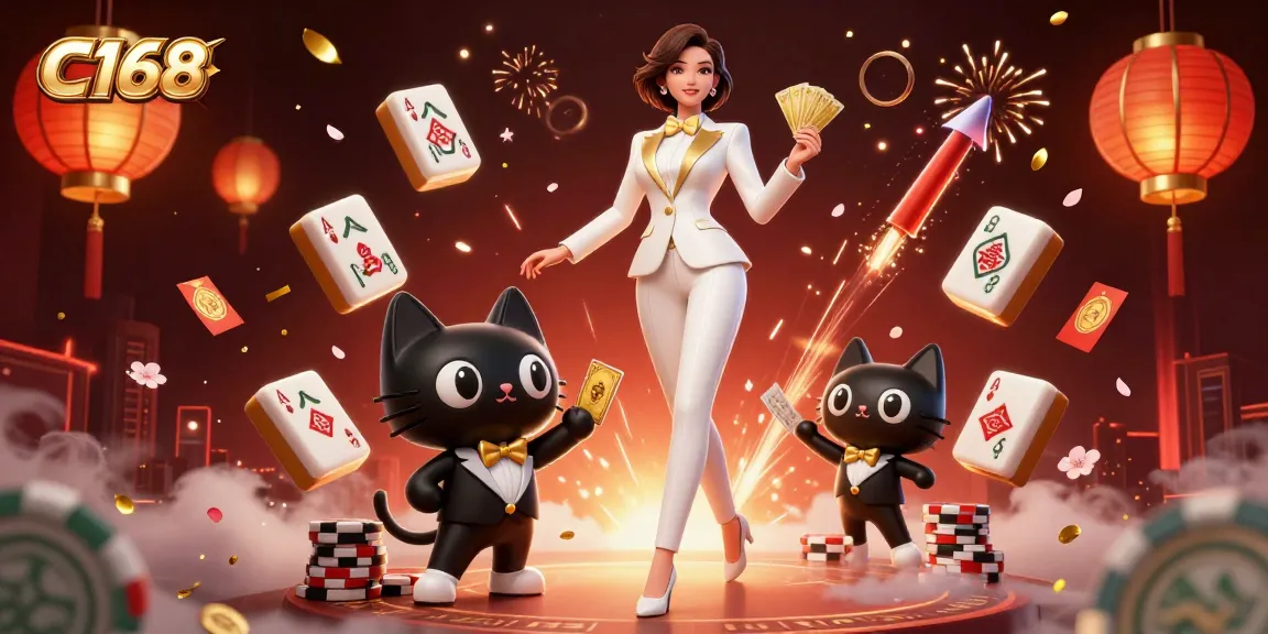 C168 - Win big with a glamorous dealer shuffling cards and poker chips amidst festive gaming elements.