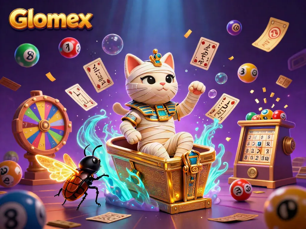 Engage with Glomex in a vibrant gaming scene featuring animated lottery elements and dynamic characters.