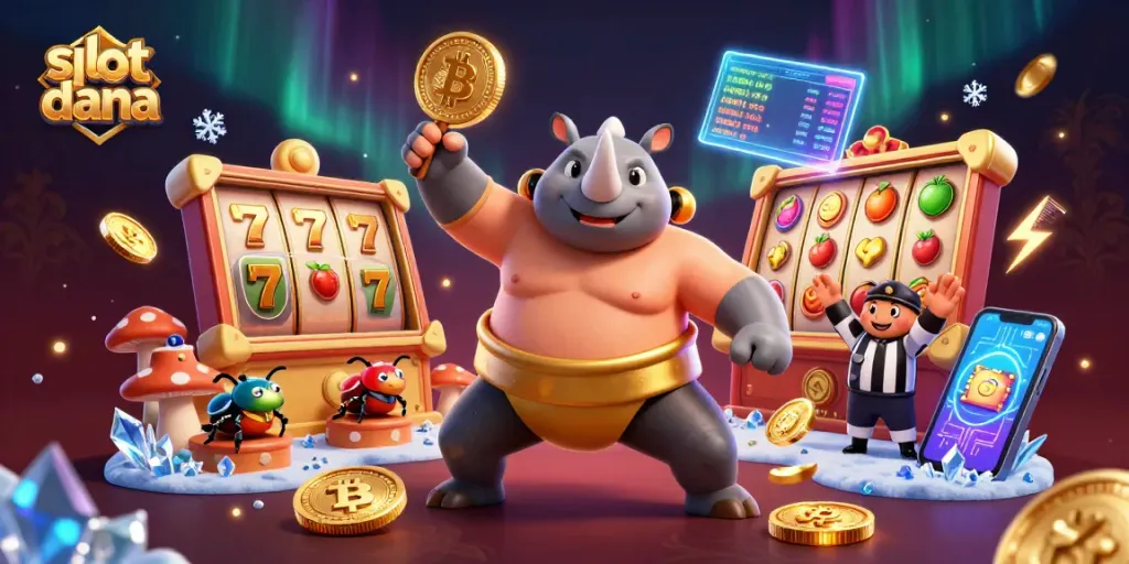 Visualisasi slot dana yang interaktif dengan simbol permainan slot dan karakter menarik.