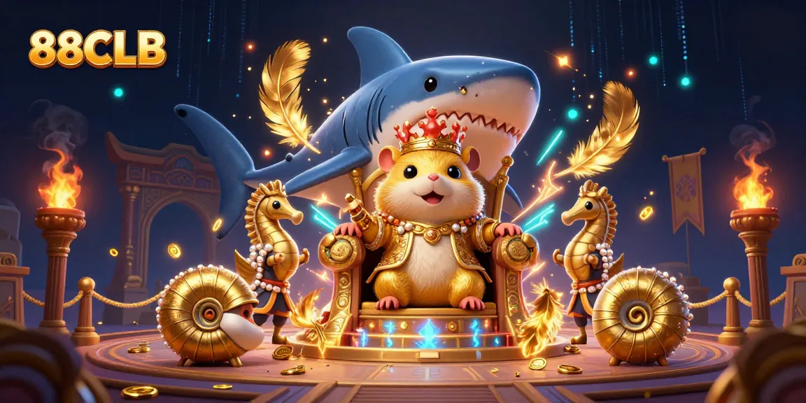 88CLB showcases a vibrant casino scene with a golden hamster king, seahorse guards, and dazzling game elements.