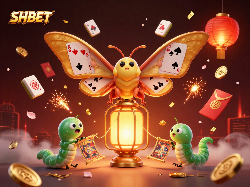 Engage in the vibrant SHBET experience featuring an ornate moth symbolizing luck and fortune amidst gold and casino elements.