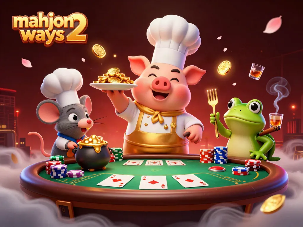 Experience mahjong ways 2 in a vibrant casino scene featuring engaging cartoon characters and rich game elements.
