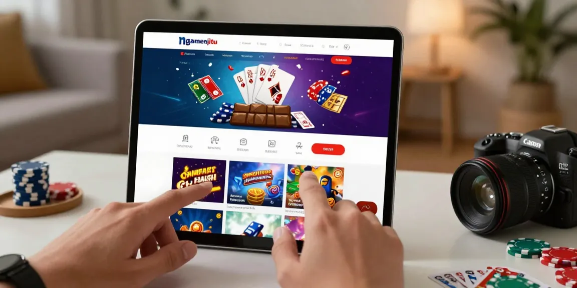 Player experiencing ngamenjitu online gambling with mobile device and vibrant gaming interface.