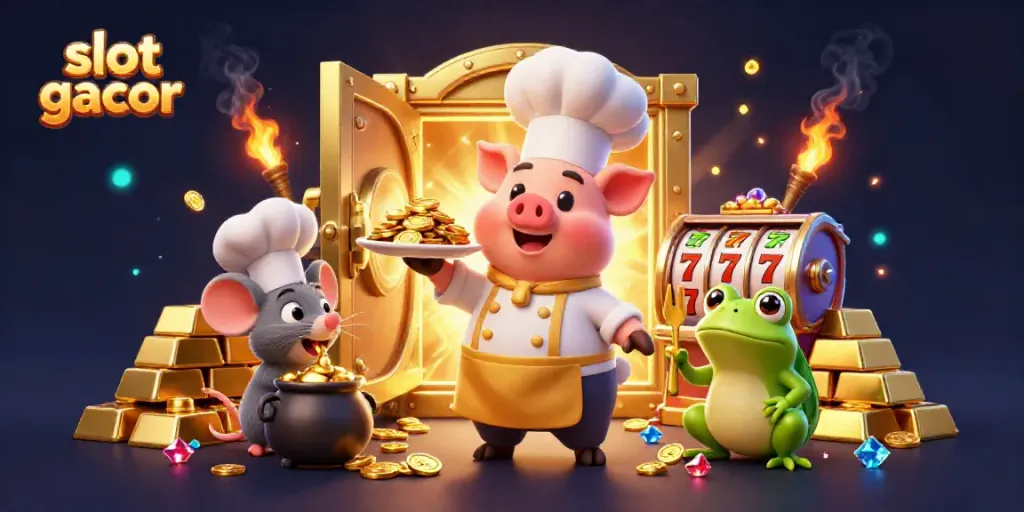 Experience thrilling slot gacor action in a vibrant scene filled with gold coins and joyful characters.