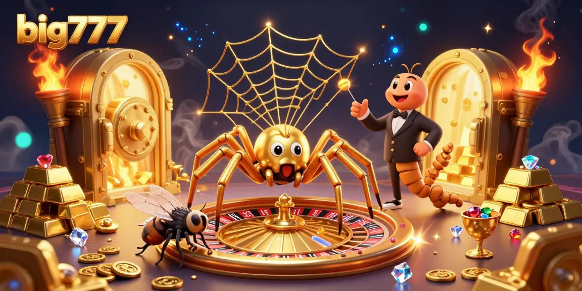 Engage with big777 as a golden spider spins a roulette web amidst treasures, creating an exciting casino atmosphere.