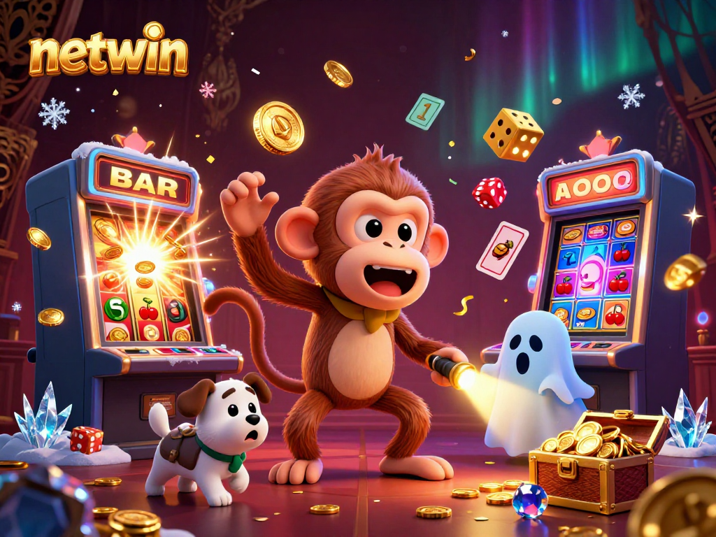 Experience the excitement of netwin with a playful poltergeist monkey and ghost-hunter puppy in a vibrant casino scene.