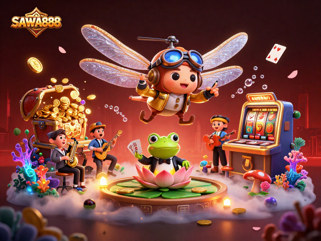 Experience the excitement of SAWA888 slots with vivid illustrations of dragonfly pilot and card dealing frog.