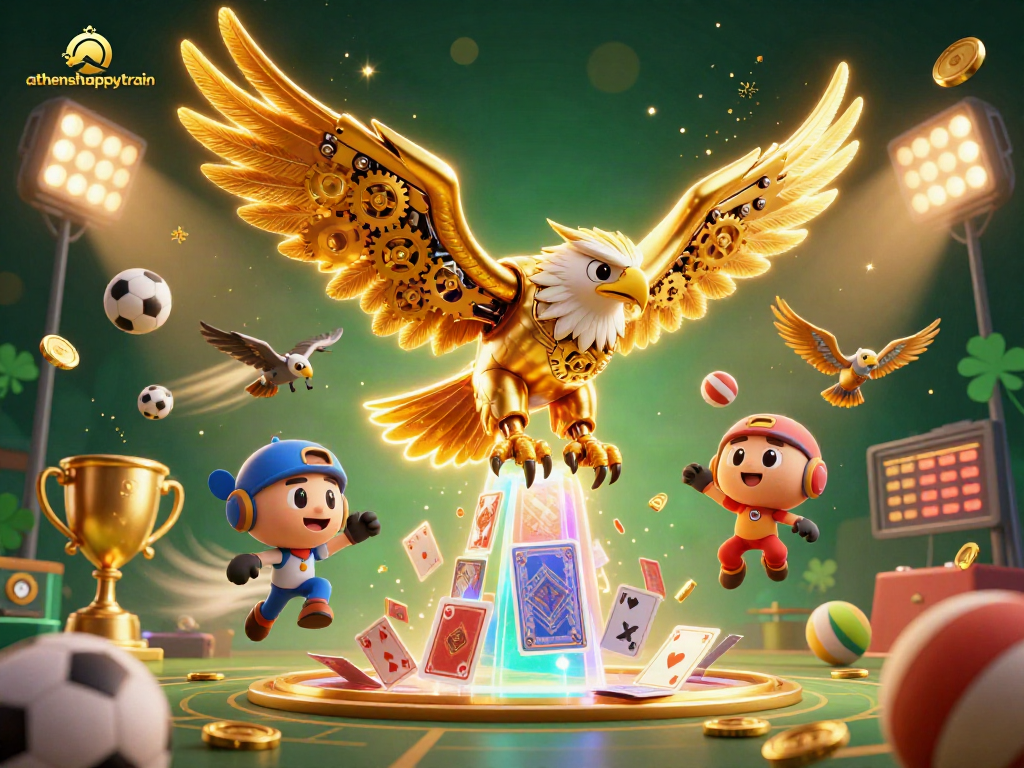 Engage in thrilling gameplay with athenshappytrain amidst soaring eagles and vibrant sports elements.