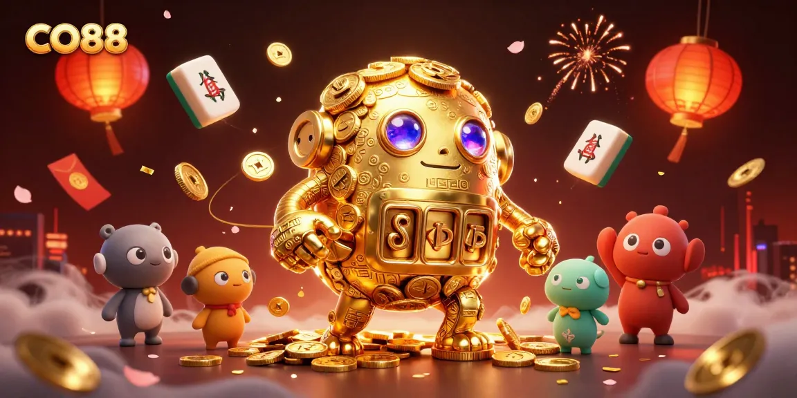 Engage with CO88's thrilling atmosphere featuring a golden golem amidst vibrant casino elements.