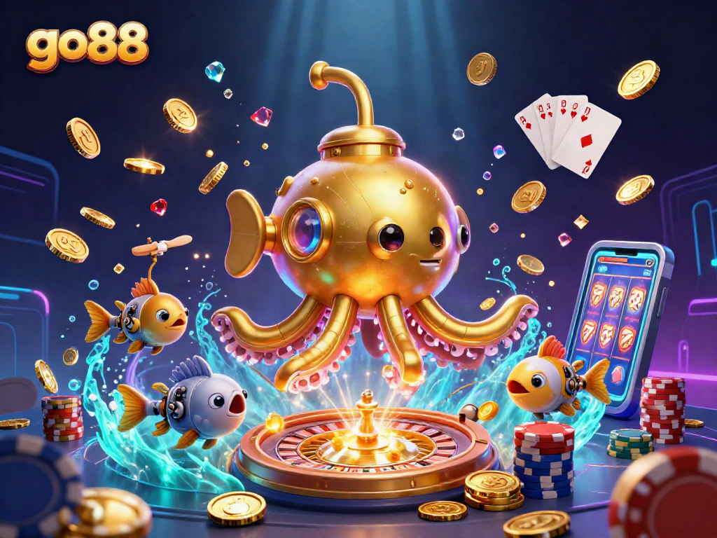 Experience immersive fun with go88 as the kraken submarine and mechanical fish explore an underwater treasure of golden coins.