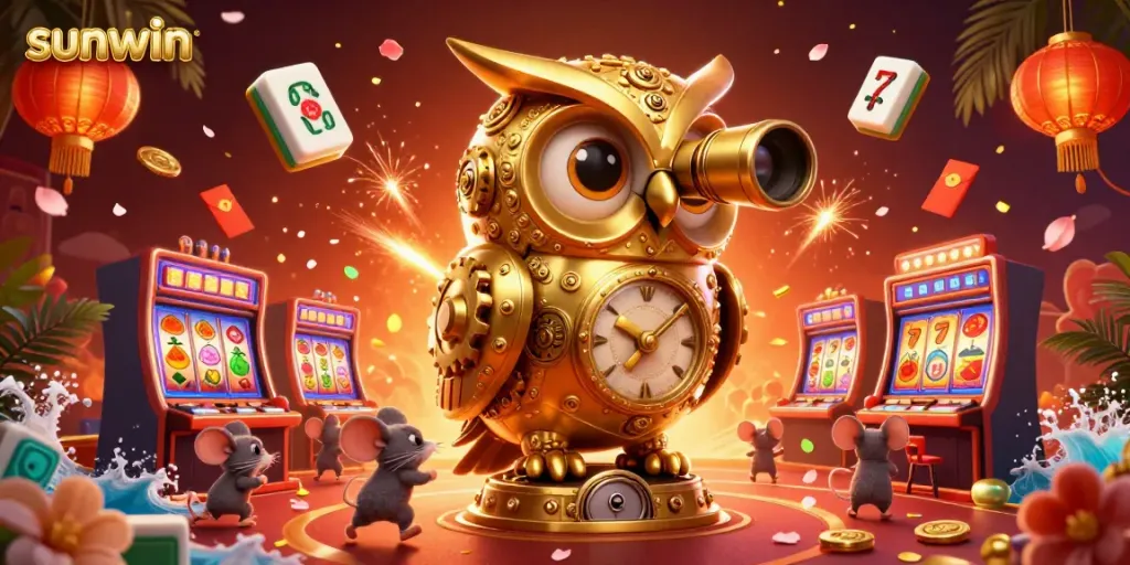 Engage in thrilling gameplay at sunwin with a vibrant 3D casino scene featuring a golden owl overseeing colorful slot machines.