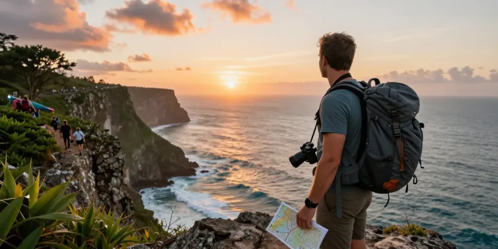 Traveler at a stunning coastal viewpoint, kunjungi halaman for breathtaking views and adventures.