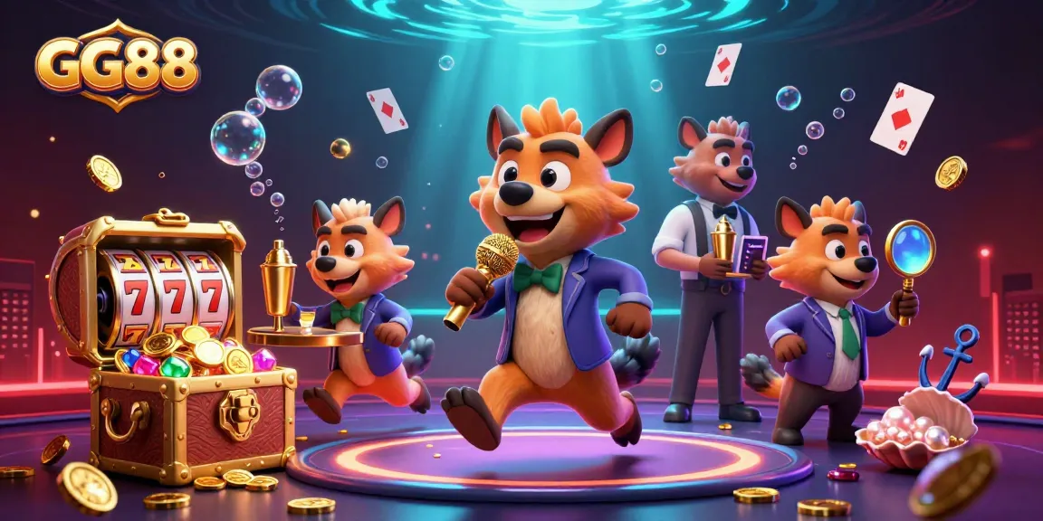 Experience the excitement at GG88 in this vibrant, comedic casino scene with hyena characters and rich game elements.