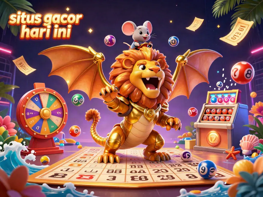 Menangkan slot gacor hari ini dengan ilustrasi 3D dengan karakter chimera dan elemen permainan kasino yang berwarna-warni.