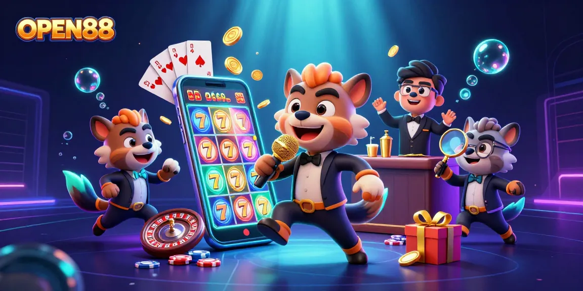 Engage with the vibrant OPEN88 comedy casino experience featuring hilarious hyenas, exciting slot games, and dynamic casino elements.