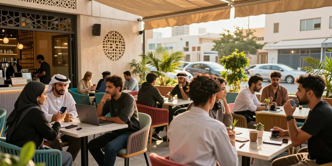 Engaging group of friends at شات الرياض café in Riyadh, lively conversations and cultural ambiance