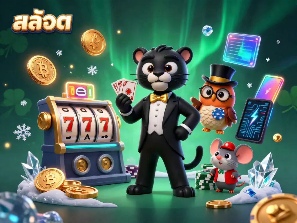 Engage in thrilling สล็อต action with a stylish panther dealer, charming owl, and lucky mouse amidst vibrant casino elements.