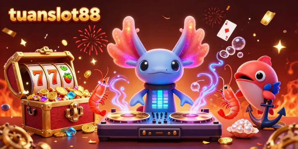 Ilustrasi 3D tuanslot88 menampilkan DJ axolotl berwarna neon di kasino laut dengan elemen slot yang menyembur koin emas.