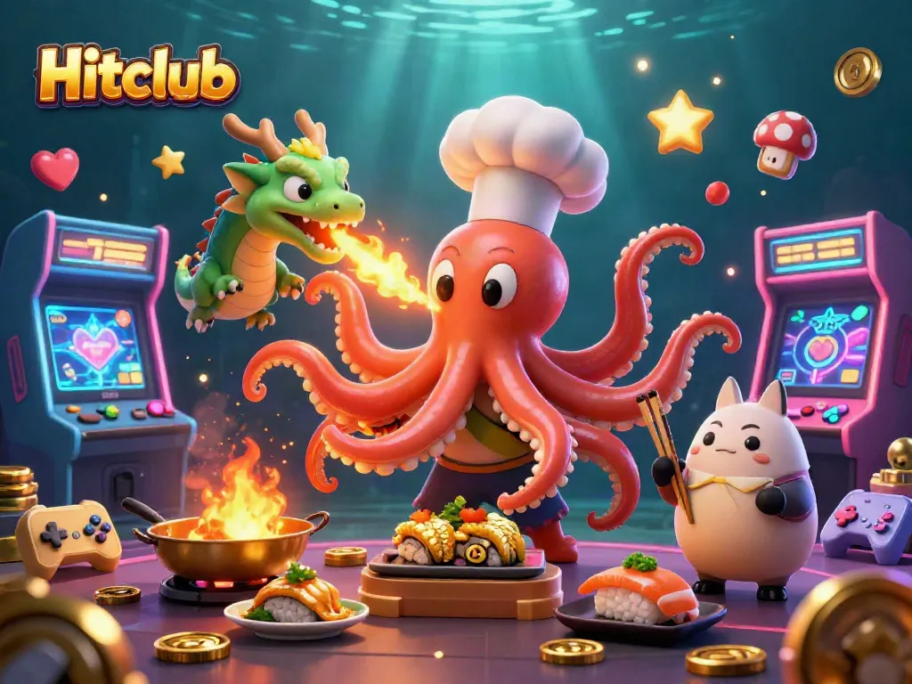 Hitclub's unique gaming experience showcased with a vibrant octopus chef preparing golden dishes amidst glowing arcade elements.