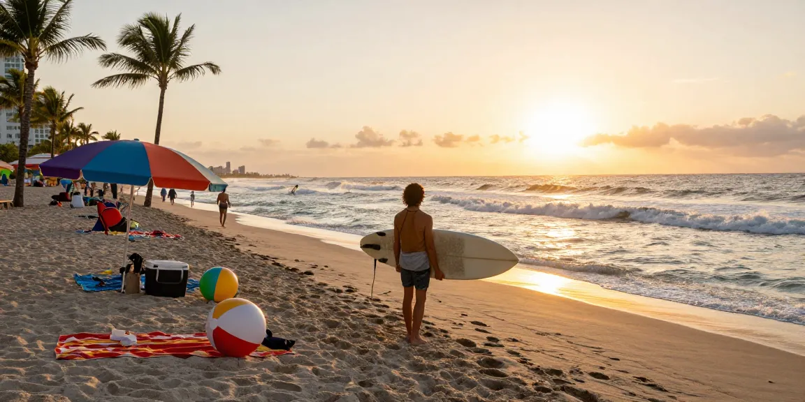 Pengunjung di pantai Miami, bersiap untuk berselancar di bawah cahaya senja, menggambarkan suasana liburan yang ceria di https://miami4d.com/.