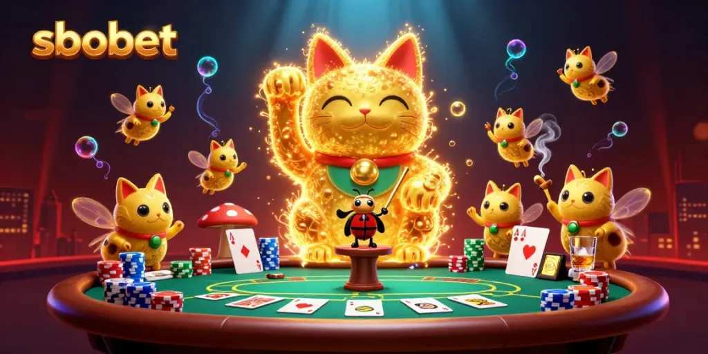 Bet on sbobet with a playful illustration of a lucky cat, poker chips, and glowing energy.
