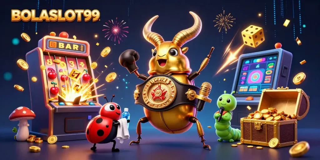 BOLASLOT99 shows a dynamic scene with a golden stag beetle facing off in a slot machine jackpot showdown.