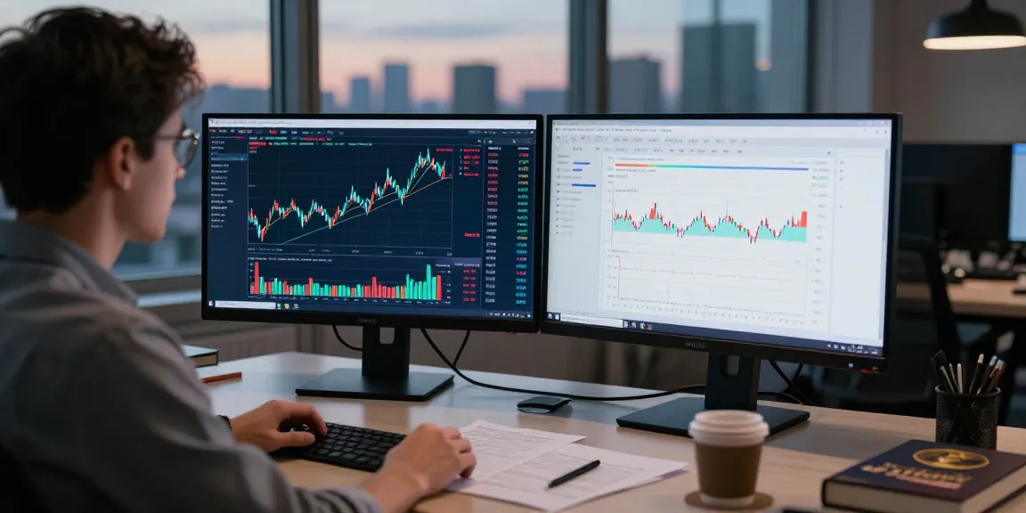 Трейдер изучает отзывы о bitmex, анализируя графики на экранах в современном офисе с большим окном.