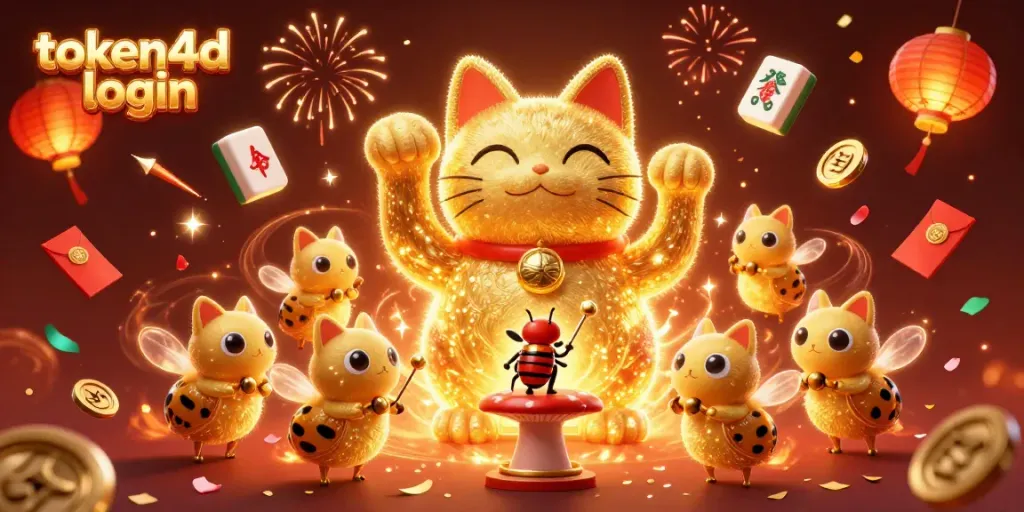 Menyambut keberuntungan dalam permainan dengan token4d login yang dikelilingi oleh kucing keberuntungan dan simbol kasino.