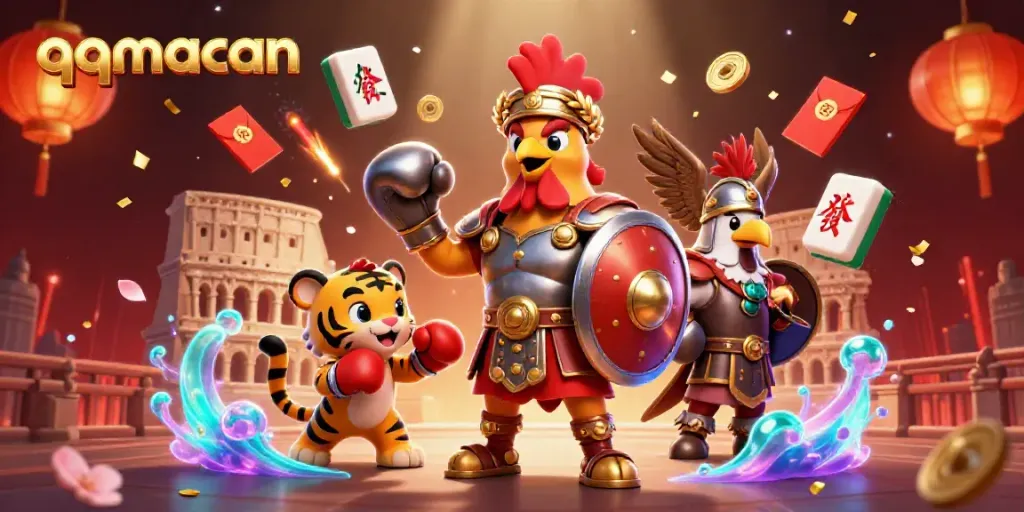 Engage in thrilling QQMacan games with vibrant characters set in a dynamic colosseum.