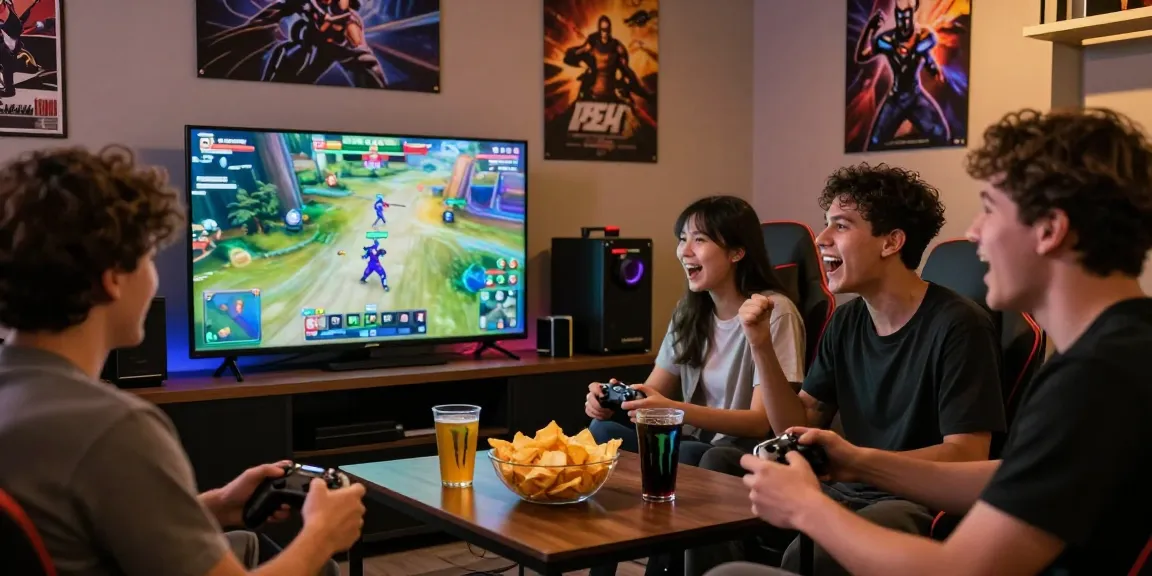 Friends at hit club gaming lounge celebrating a multiplayer victory with snacks and energy drinks.
