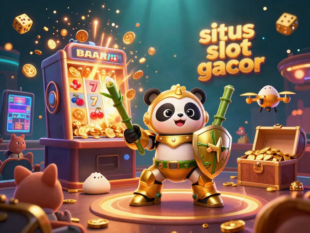 Slot gacor yang menarik dengan karakter panda emas di arena kasino, meletakkan tumpukan uang dan simbol keberuntungan.