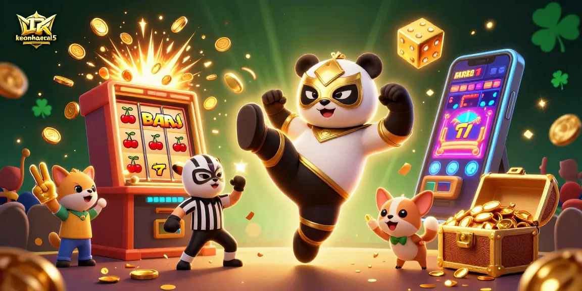 Experience exciting gaming action with keonhacai5 as a wrestling panda in a dynamic casino scene.