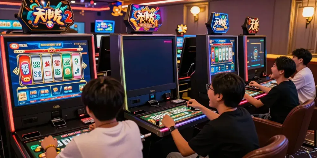 Permainan slot Mahjong Ways 2 yang seru dengan pemain bersemangat di ruang game modern.