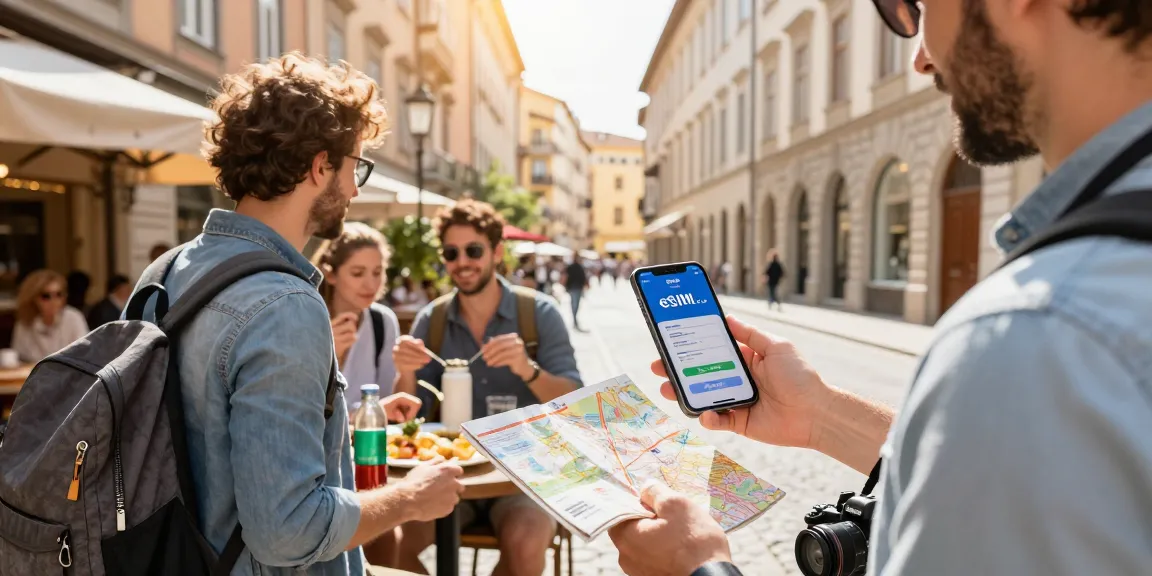 Traveler enjoying eSIMクーポン (eSIM kūpon) in a lively European city, showcasing travel essentials and cultural ambiance.