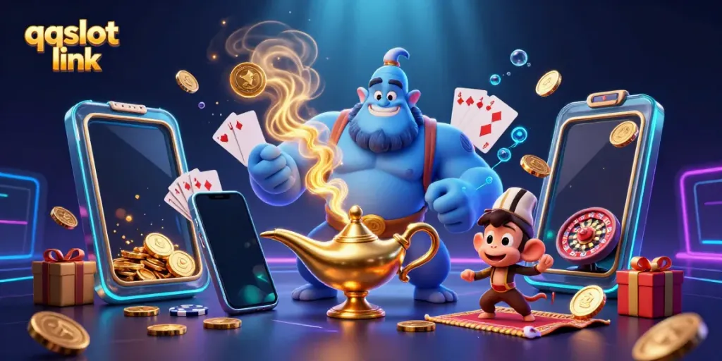 Engage with the dynamic qqslot link scene featuring a genie, monkey, and flying carpet amidst casino elements.