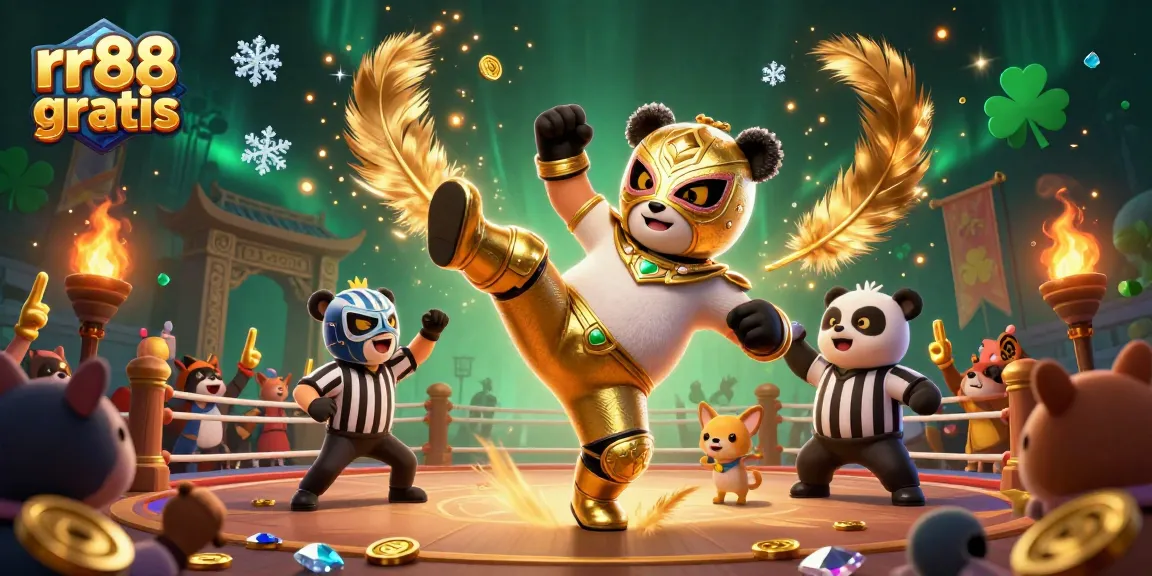 Win big at rr88 gratis as the panda wrestler showcases his flying kick in an electrifying casino environment.