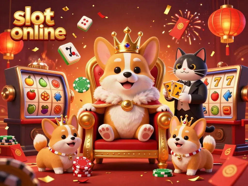 Experience thrilling slot online gaming with a royal corgi atop poker chips in a vibrant casino scene.