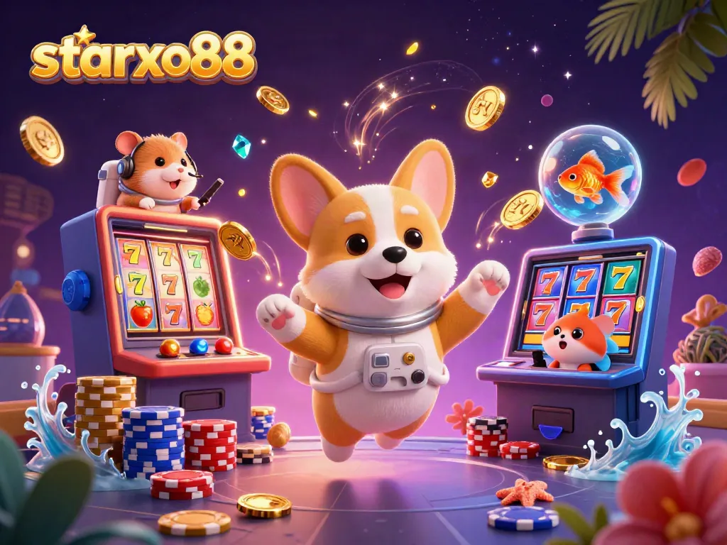 Bet on fun with starxo88, featuring 3D cartoon characters and floating slot reels