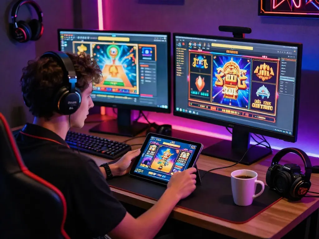 Engaging gaming scene with a user playing on a tablet showcasing slot resmi games in an energetic and vibrant atmosphere.