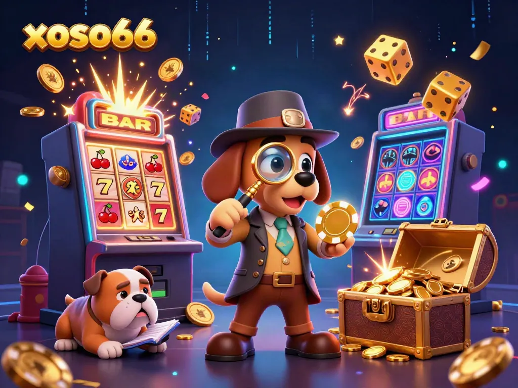Xoso66 gameplay scene featuring a detective bloodhound and bulldog with jackpot effects and colorful casino elements
