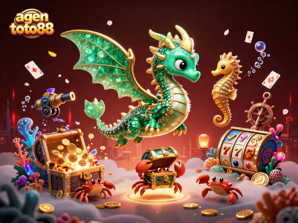 Play slots and win with agen toto88, featuring an emerald sea dragon and treasure-filled underwater scene.